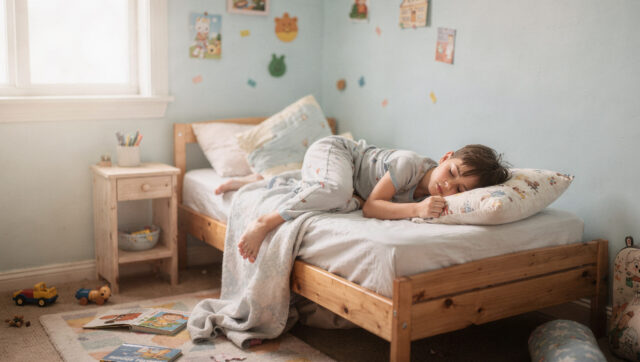 子供部屋のベッドで眠る子供・イメージ